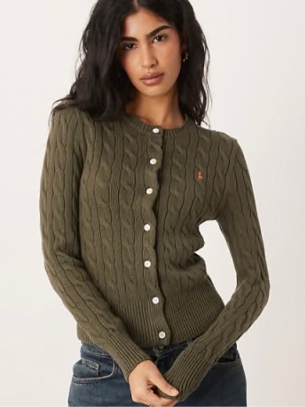 Ralph Lauren Olive Green Cable-Knit Cardigan Sweater - Picture 5 of 7